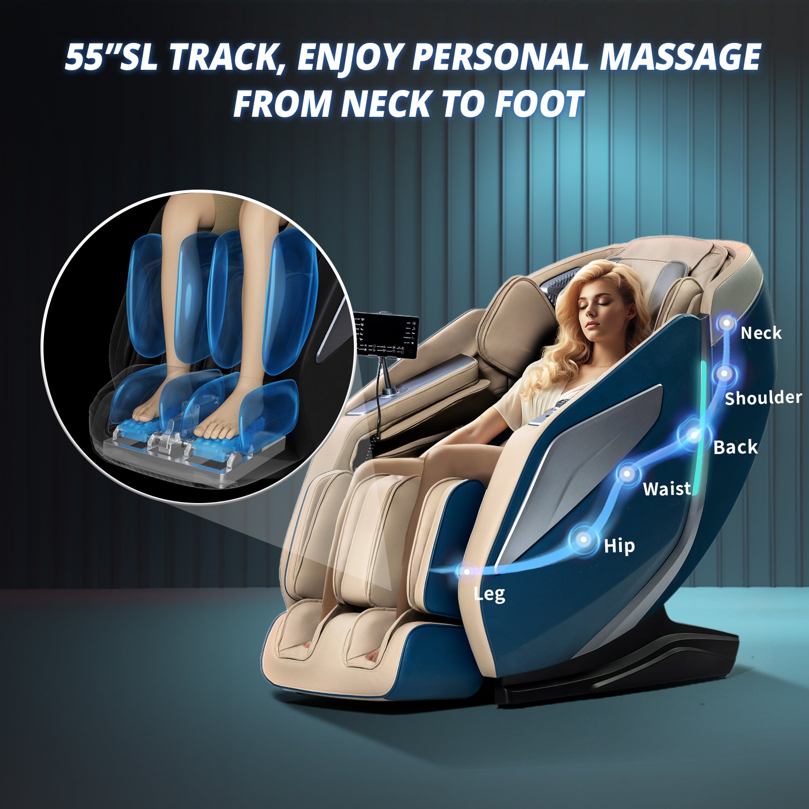 HealthRelife 4D Massage Chair Full Body Zero Gravity Recliner - 55“ SL-Track,15 Auto Modes,11 Massage Technique,40 Airbags Massage,with Yoga Stretch,APP Control,Shiatsu Foot Massage(Blue)