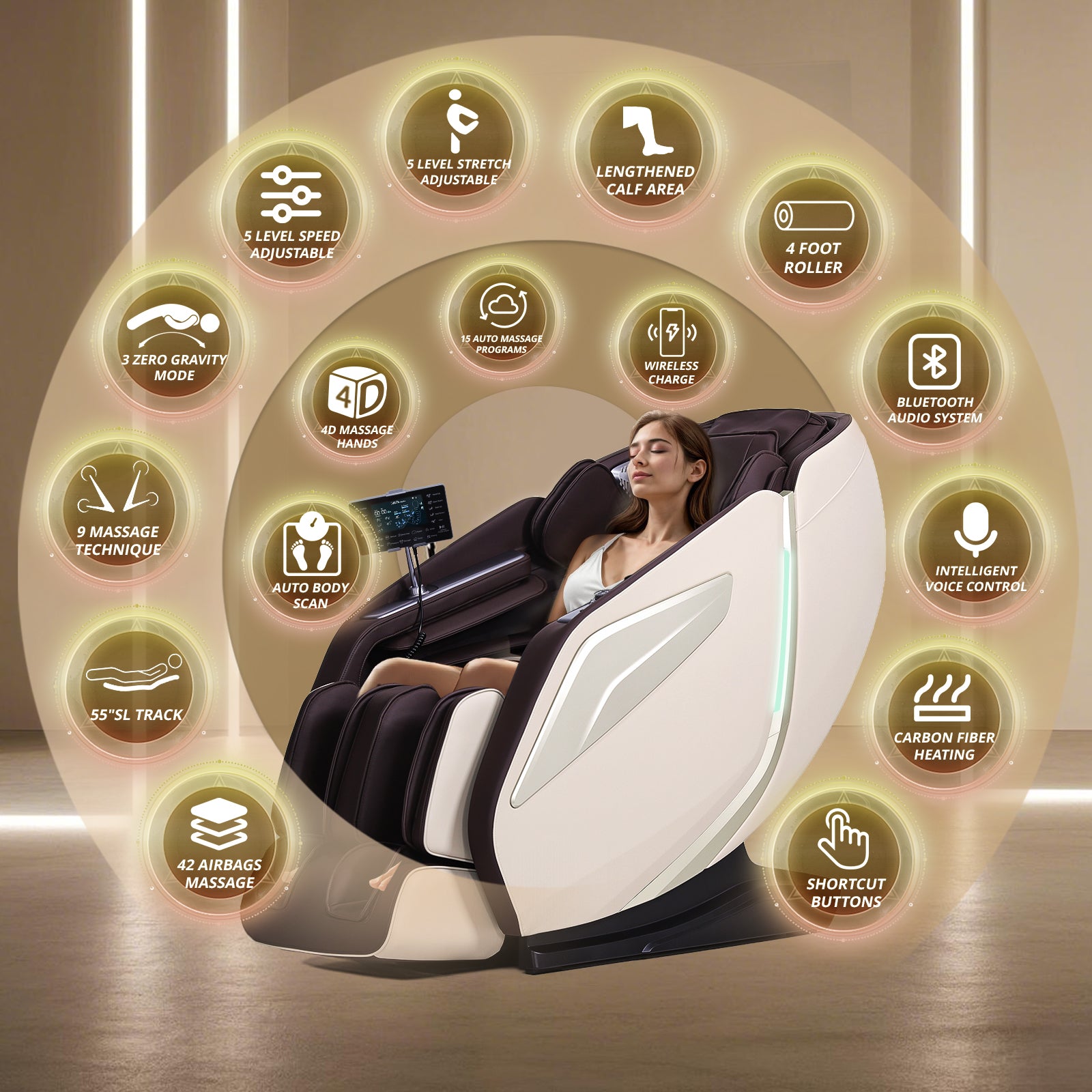 HealthRelife 4D Massage Chair Full Body Zero Gravity Recliner - 55“ SL-Track,15 Auto Modes,11 Massage Technique,40 Airbags Massage,with Yoga Stretch,APP Control,Shiatsu Foot Massage(Coffee)
