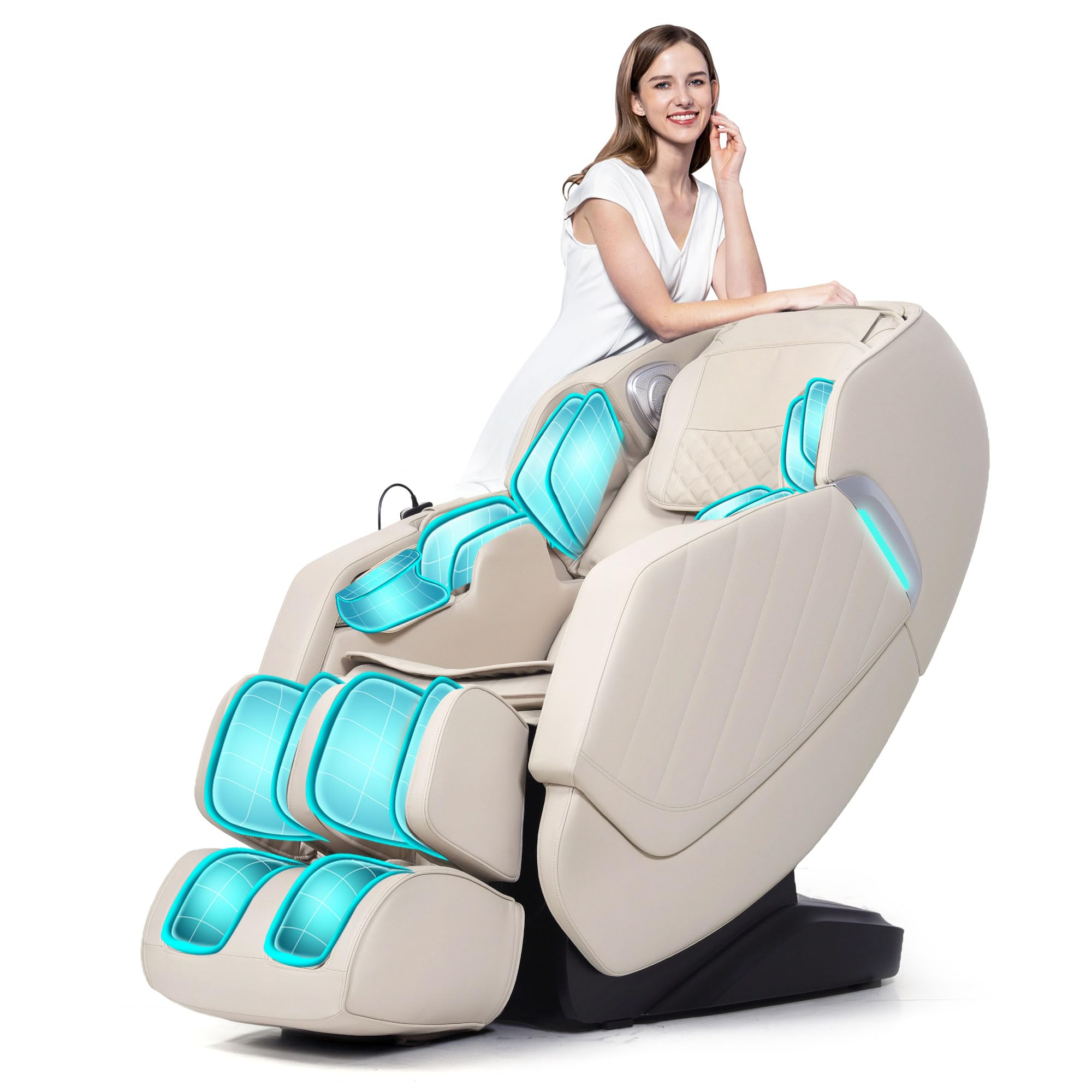 HealthRelife Full Body Massage Chair Intelligent Massage Chair Zero Gravity 3D Massage Hands with SL Track Relaxing Chair Bluetooth Speaker , Beige