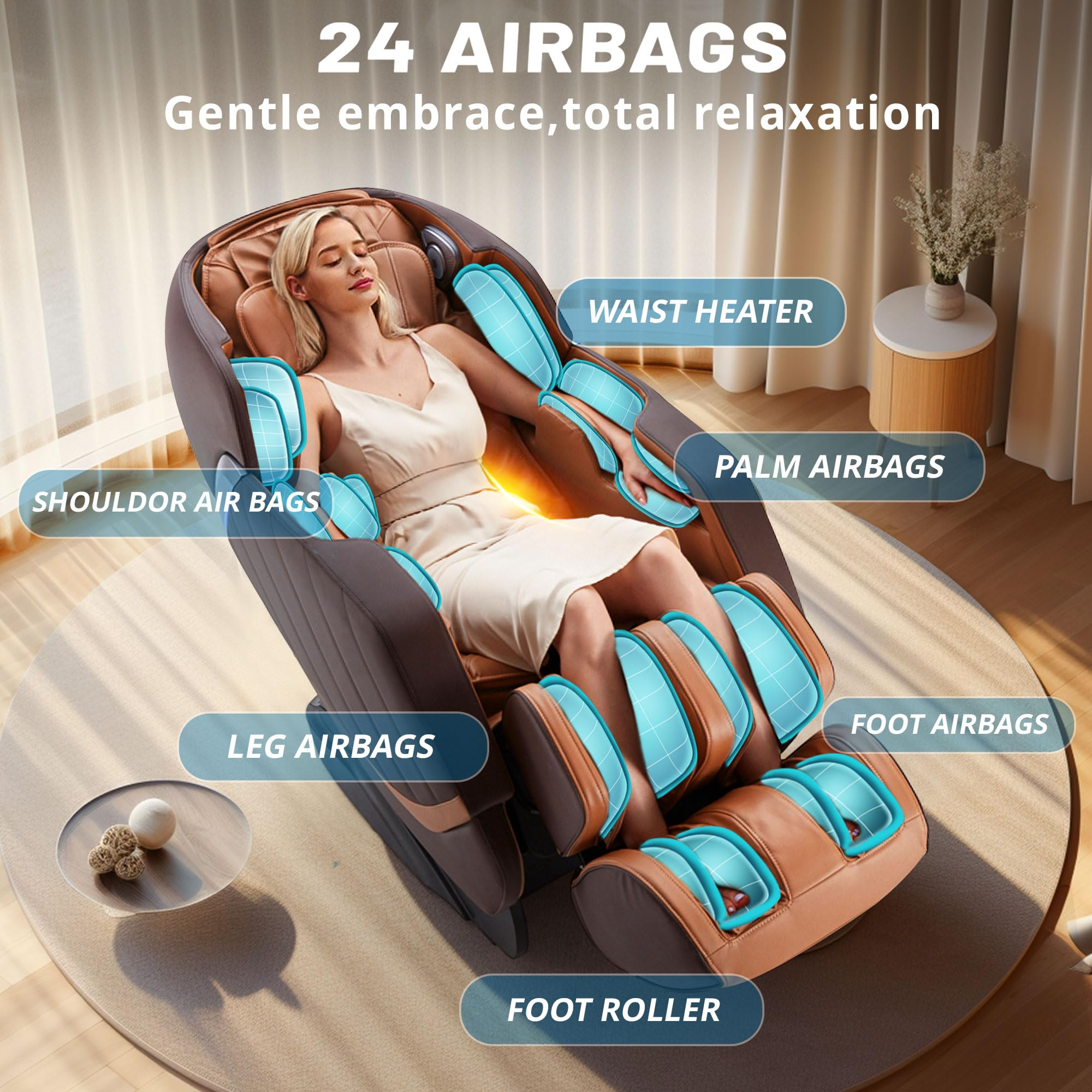 HealthRelife Full Body Massage Chair Intelligent Massage Chair Zero Gravity 3D Massage Hands with SL Track Relaxing Chair Bluetooth Speaker , Brown