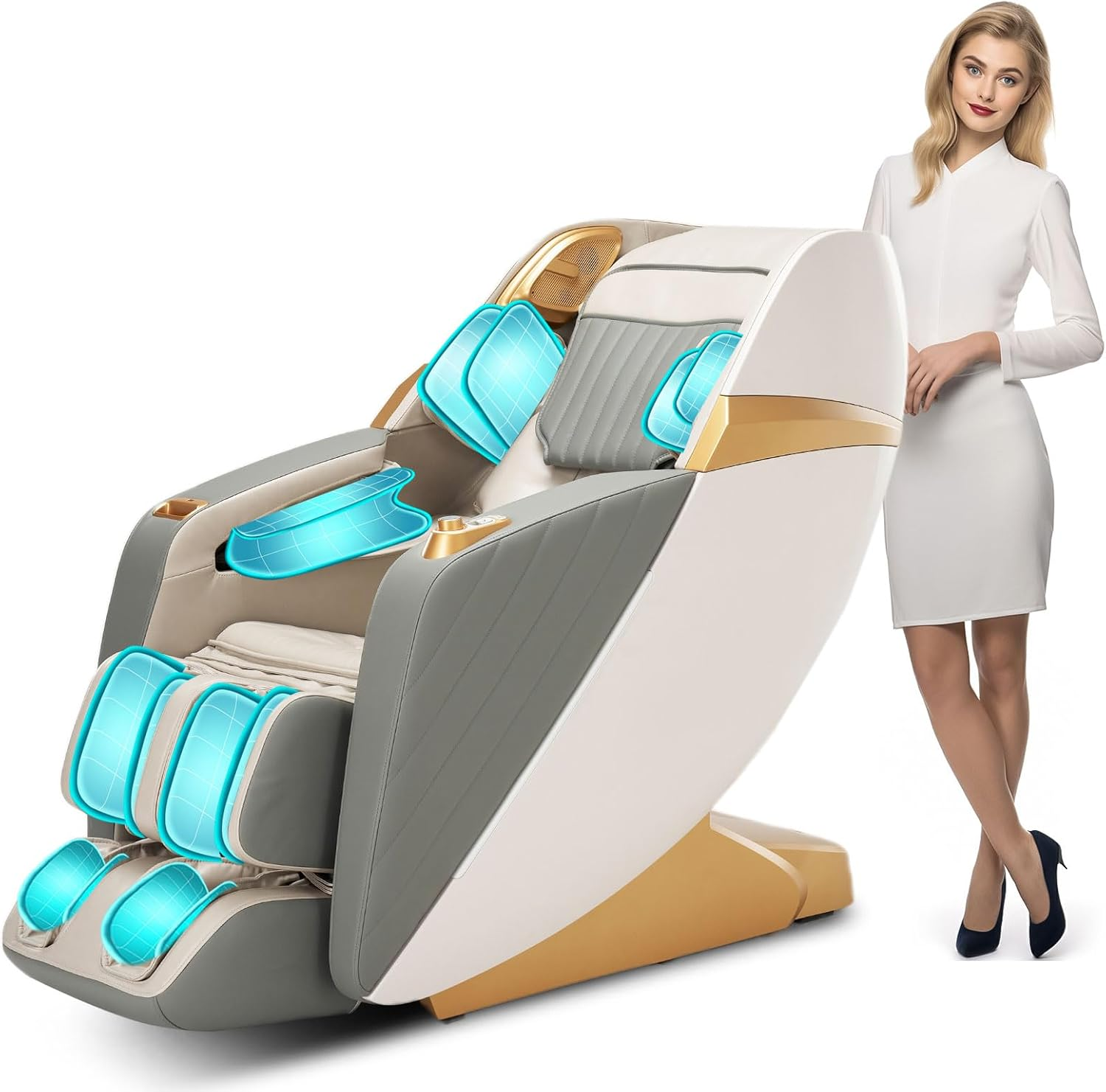 HealthRelife Business Class Massage Chair, Full Body Massage with Body Scan, Shiatsu, Automatic Calf Support Extension and Calf Kneading Massage (Beige-Gold))