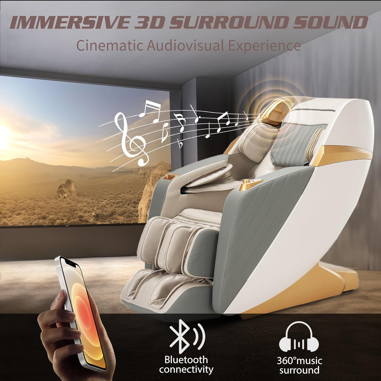 HealthRelife Business Class Massage Chair, Full Body Massage with Body Scan, Shiatsu, Automatic Calf Support Extension and Calf Kneading Massage (Beige-Gold))