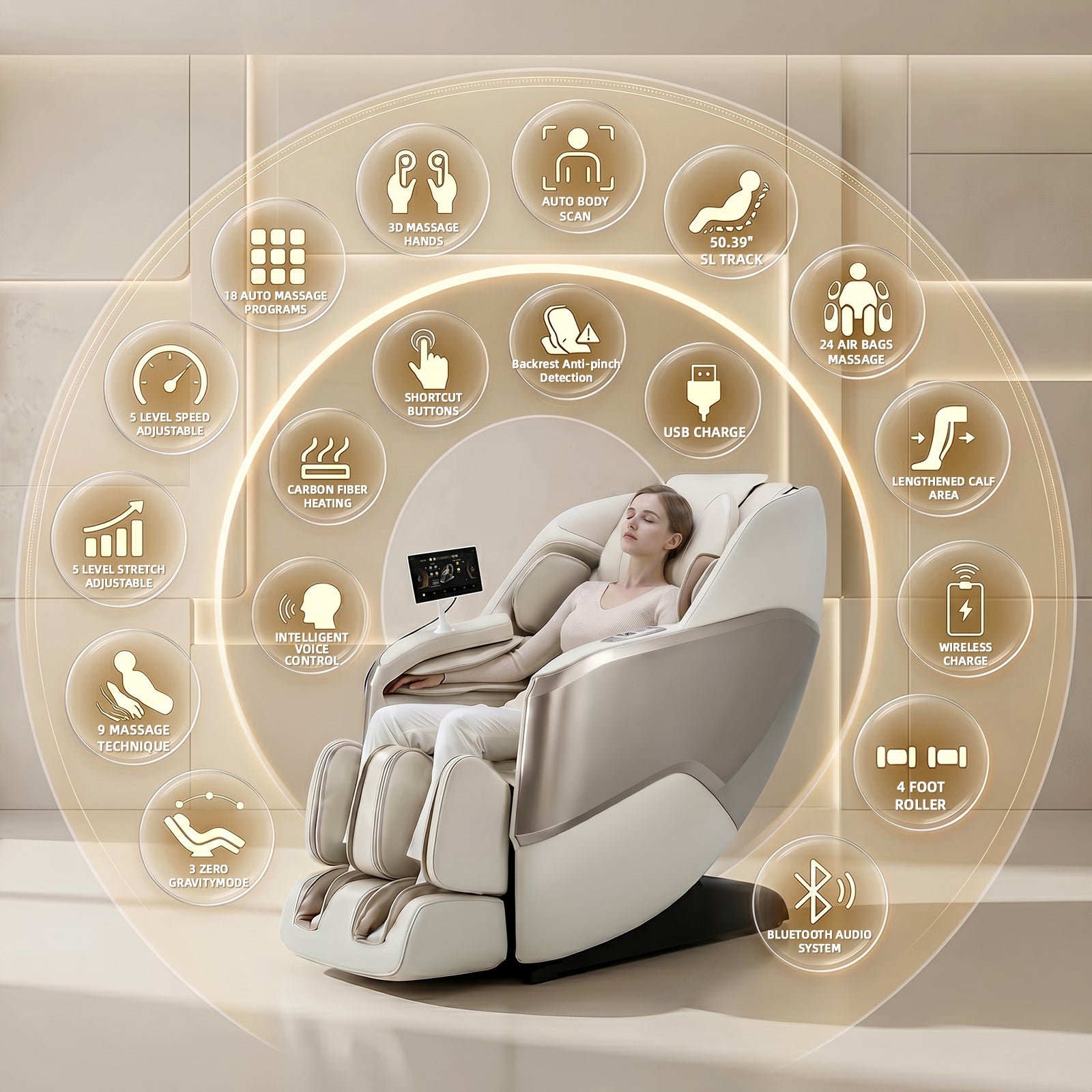 4D Full Body Massage Chair Zero Gravity,Smart Pressure-Sensing, SL-Track from Neck to Feet,18 Auto Modes,4 Massage Techniques,24 Airbags Full-Body Compression,Lumbar Heat&Foot Roller Scraper(Beige)