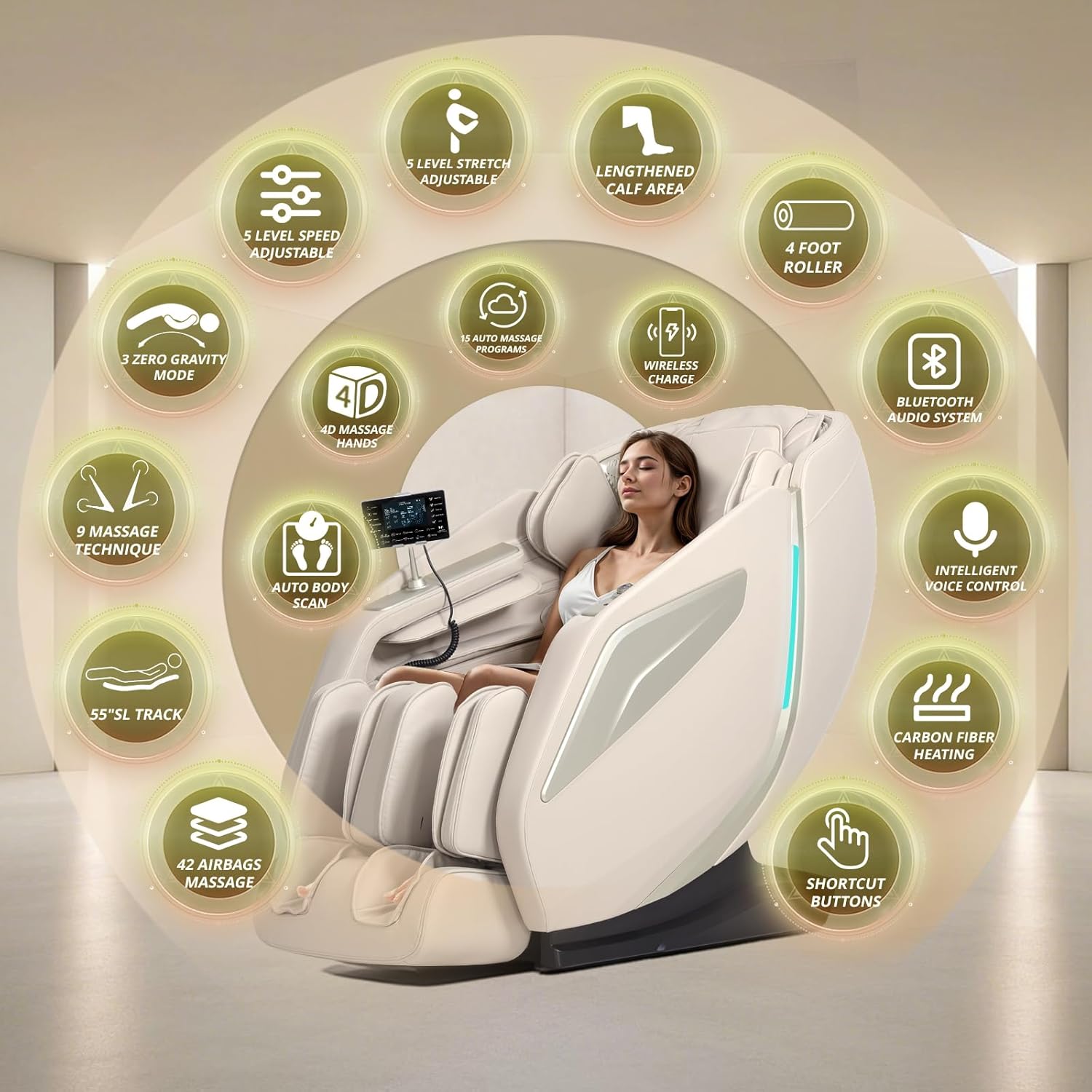 HealthRelife 4D Massage Chair Full Body Zero Gravity Recliner - 55“ SL-Track,15 Auto Modes,11 Massage Technique,40 Airbags Massage,with Yoga Stretch,APP Control,Shiatsu Foot Massage(Beige)