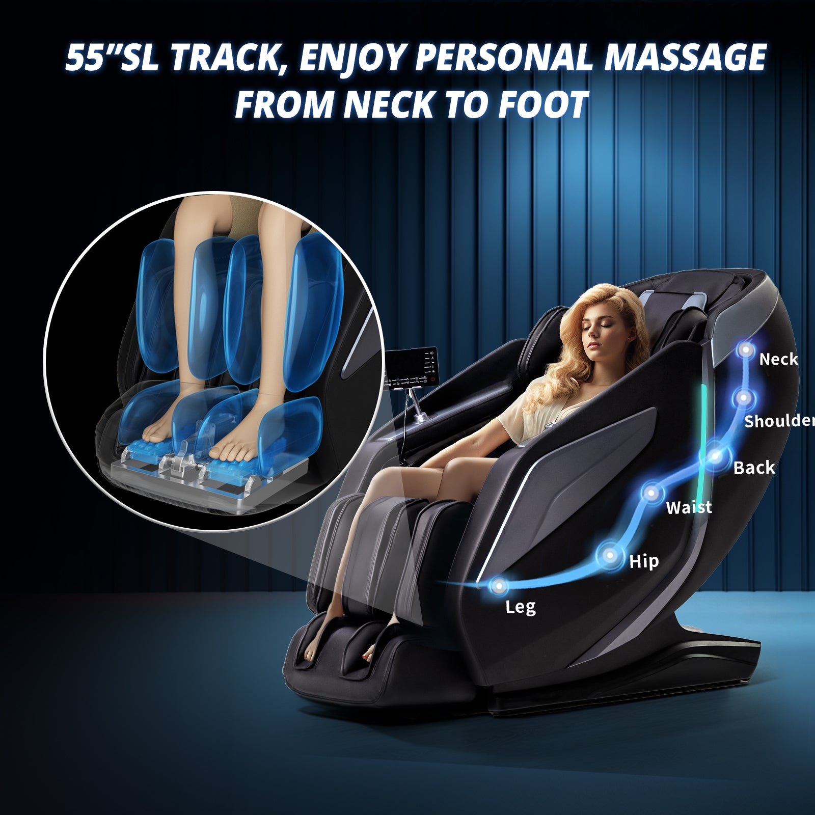 HealthRelife 4D Massage Chair Full Body Zero Gravity Recliner - 55“ SL-Track,15 Auto Modes,11 Massage Technique,40 Airbags Massage,with Yoga Stretch,APP Control,Shiatsu Foot Massage(Black)