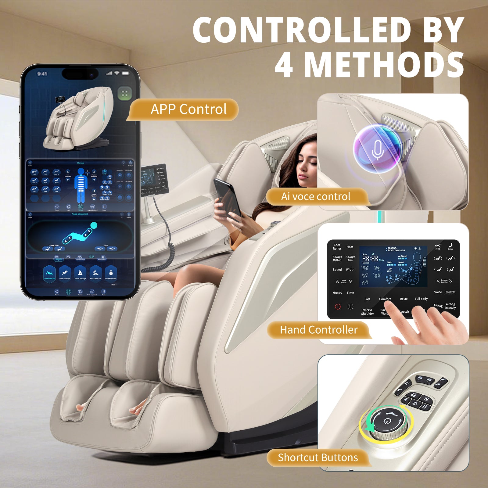 HealthRelife 4D Massage Chair Full Body Zero Gravity Recliner - 55“ SL-Track,15 Auto Modes,11 Massage Technique,40 Airbags Massage,with Yoga Stretch,APP Control,Shiatsu Foot Massage(Beige)