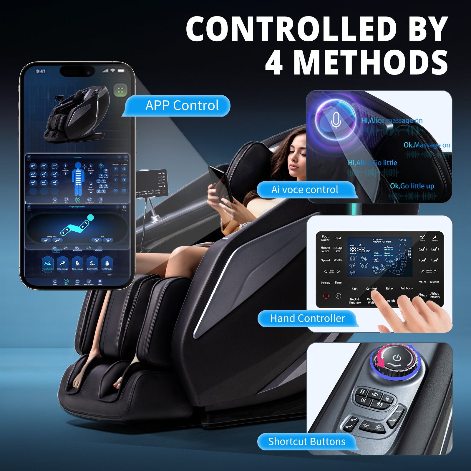HealthRelife 4D Massage Chair Full Body Zero Gravity Recliner - 55“ SL-Track,15 Auto Modes,11 Massage Technique,40 Airbags Massage,with Yoga Stretch,APP Control,Shiatsu Foot Massage(Black)
